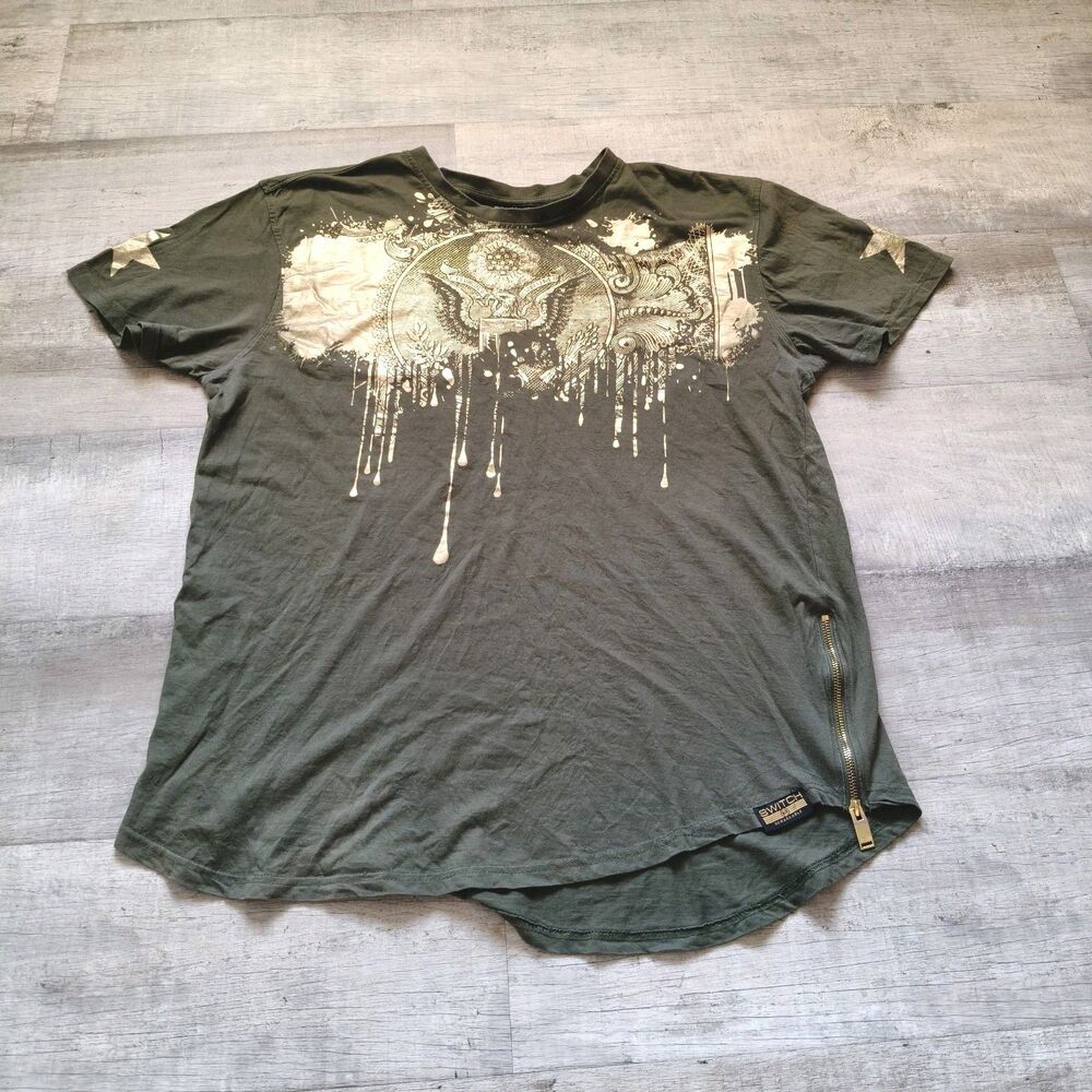 ​SWITCH Remarkable Mens T-Shirt 3XL Green Gold Graphic USA Eagle Star Side Zip